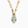 The 14K Yellow Gold White and Green Enamel Snake Paperclip Chain Necklace features a snake head pendant with white enamel scales and green accents, hanging elegantly from a sleek paperclip chain.