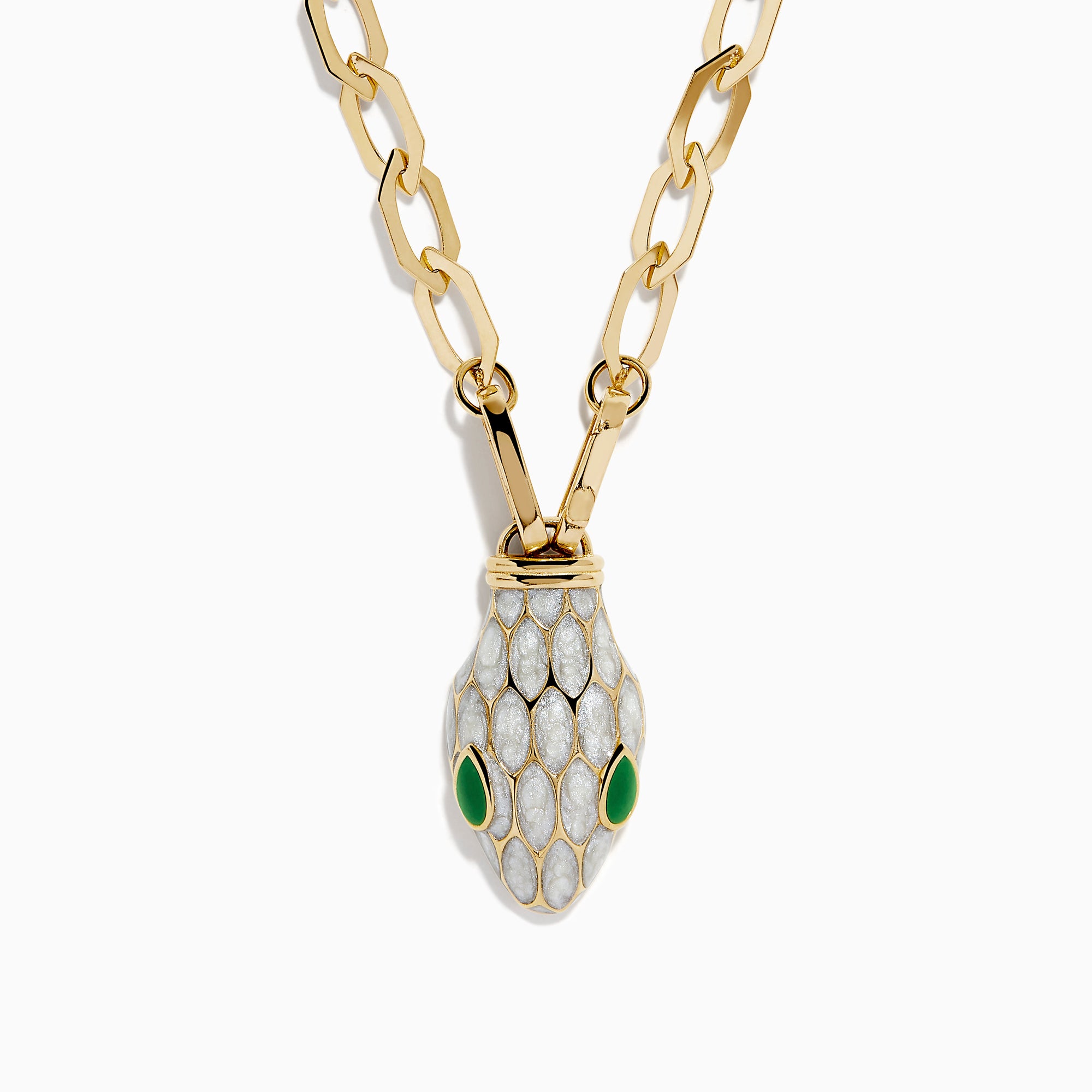 The 14K Yellow Gold White and Green Enamel Snake Paperclip Chain Necklace features a snake head pendant with white enamel scales and green accents, hanging elegantly from a sleek paperclip chain.