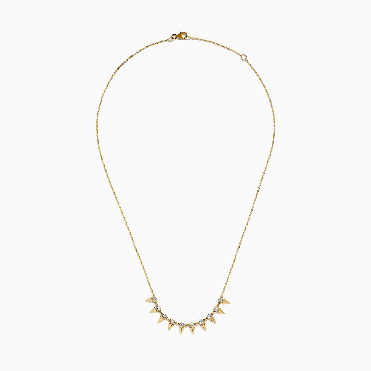 The 14K Yellow Gold Diamond Spike Collarbone Necklace features alternating clear diamonds and gold spike accents on a delicate gold chain.
