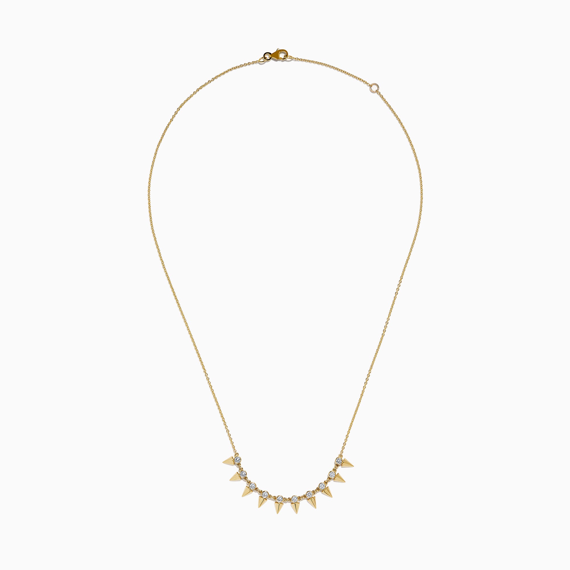 The 14K Yellow Gold Diamond Spike Collarbone Necklace features alternating clear diamonds and gold spike accents on a delicate gold chain.