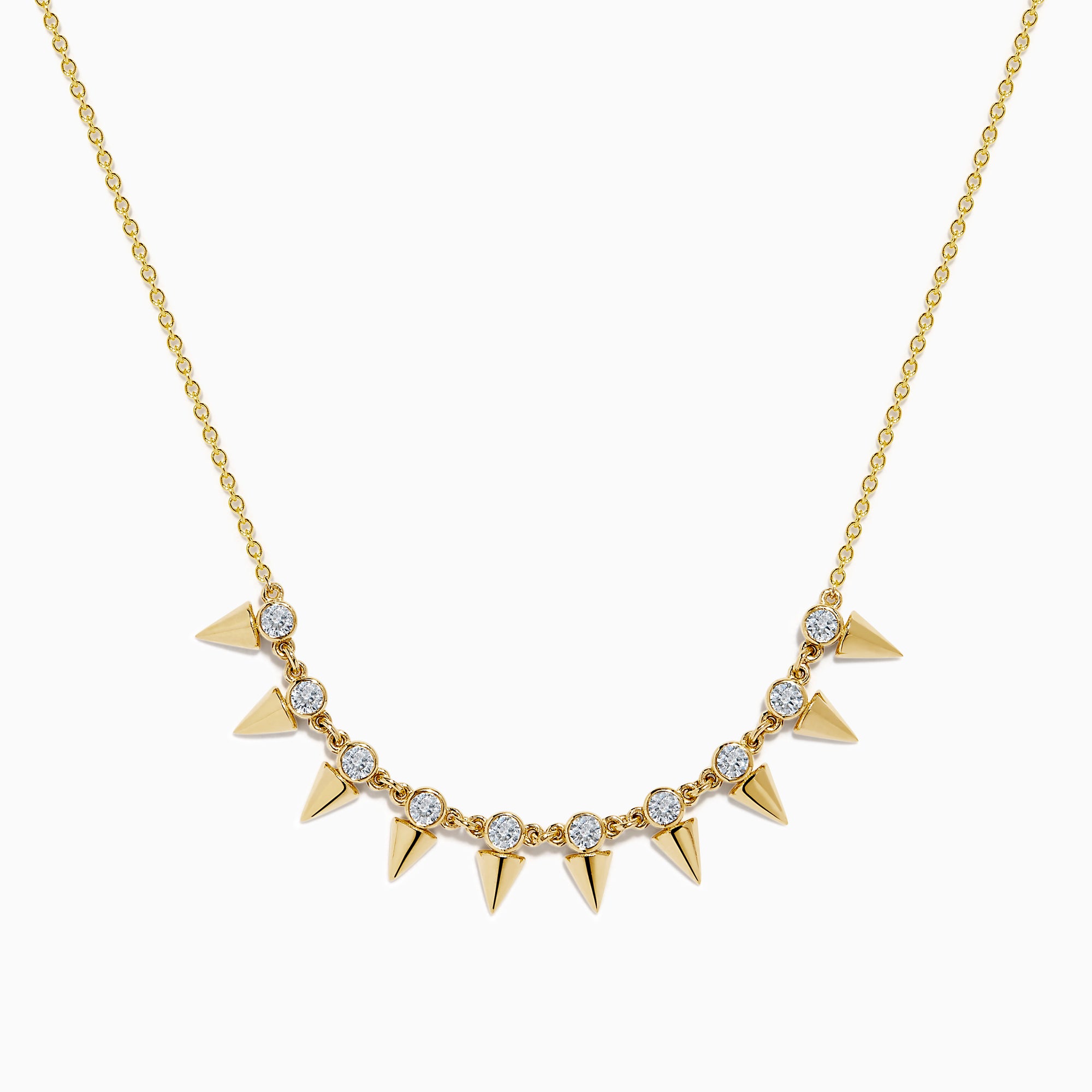 The 14K Yellow Gold Diamond Spike Collarbone Necklace features alternating clear diamonds and gold spike accents on a delicate gold chain.