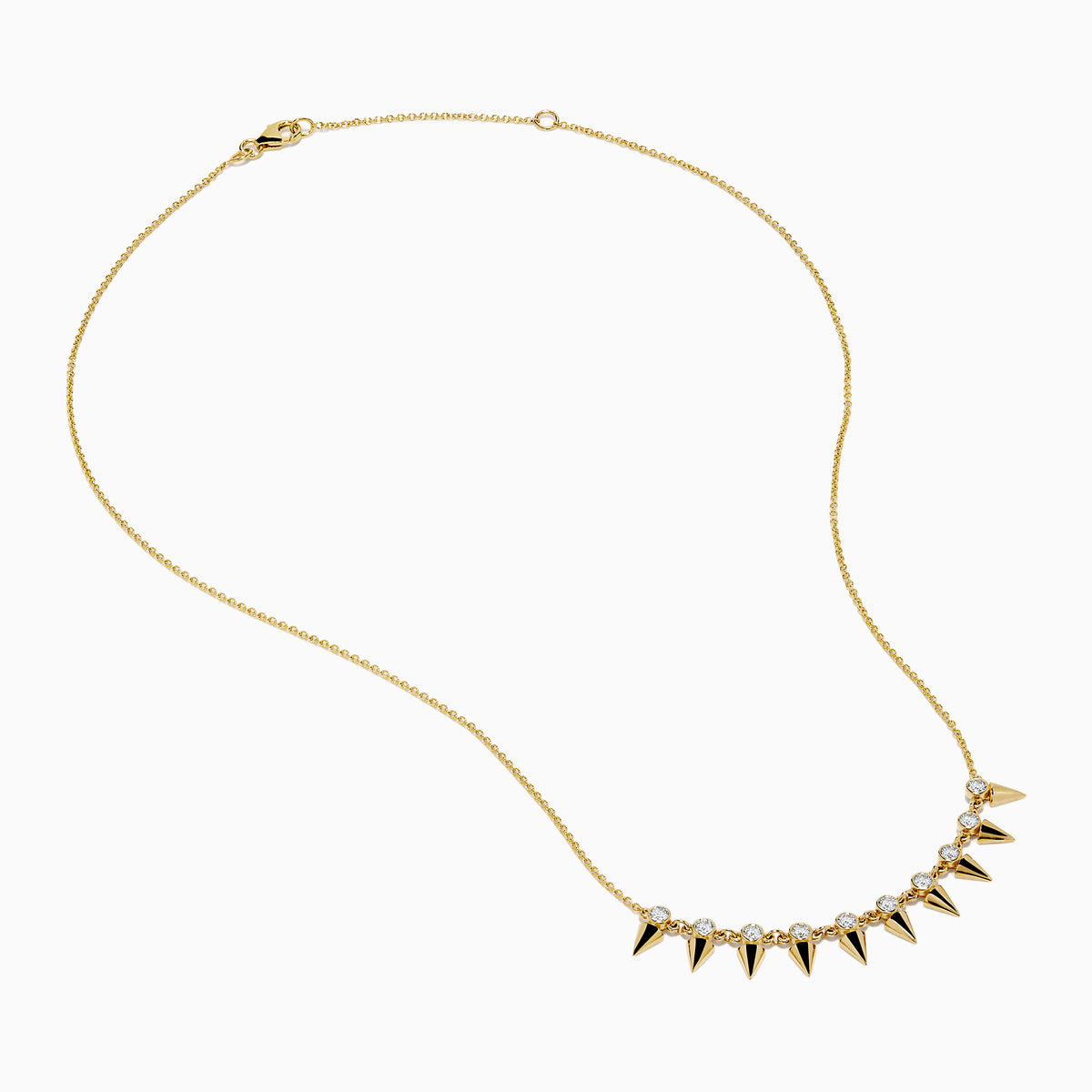 The 14K Yellow Gold Diamond Spike Collarbone Necklace features alternating clear diamonds and gold spike accents on a delicate gold chain.