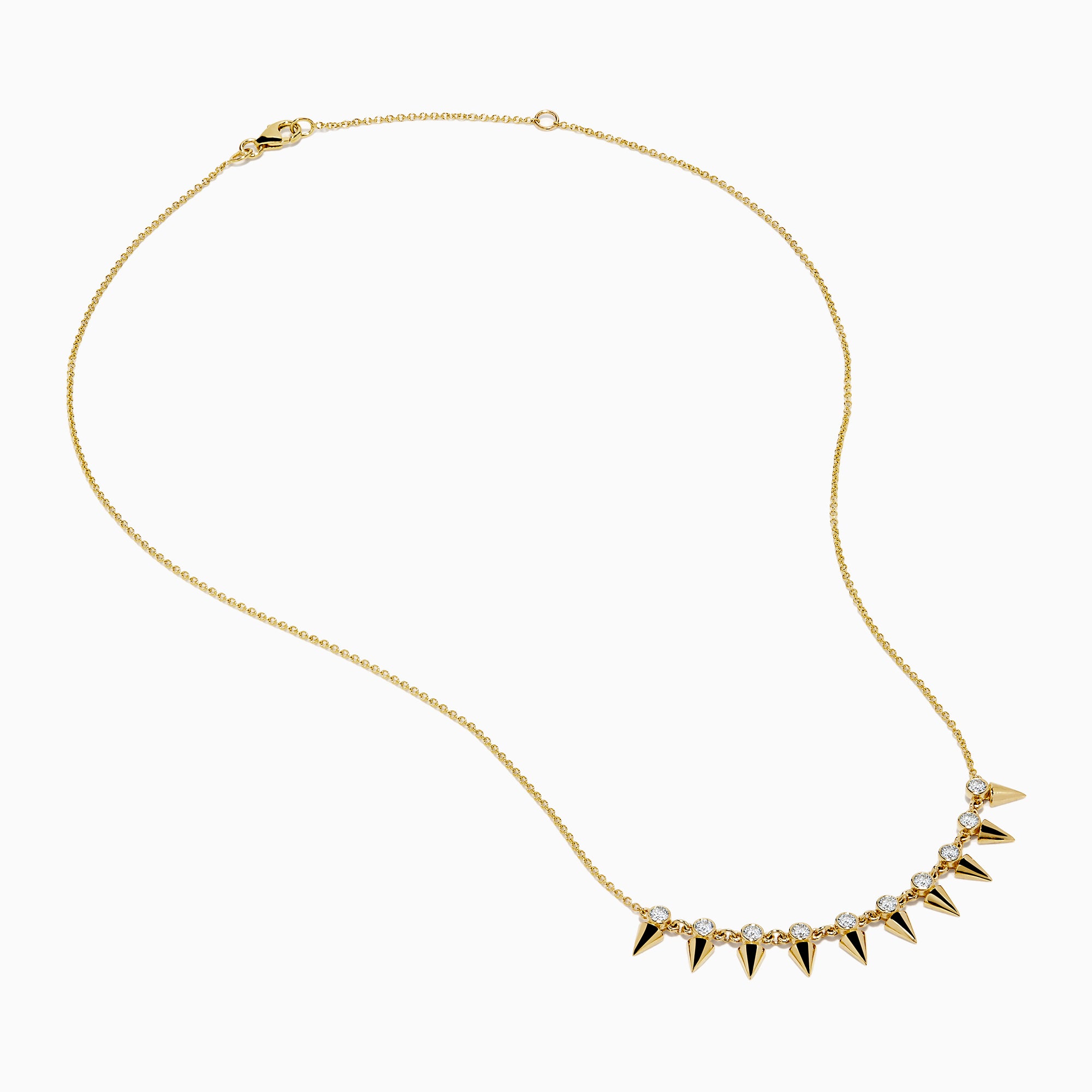 The 14K Yellow Gold Diamond Spike Collarbone Necklace features alternating clear diamonds and gold spike accents on a delicate gold chain.