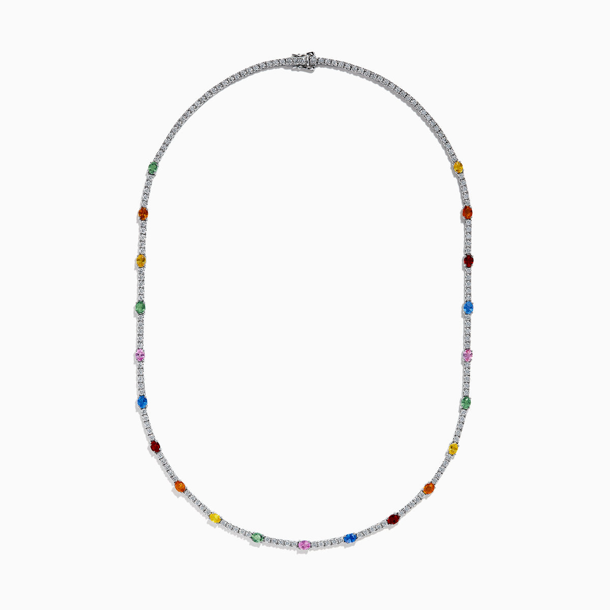 The Watercolors 14K White Gold Multi Sapphire and Diamond Tennis Necklace showcases alternating diamonds and vibrant sapphires in red, blue, green, yellow, orange, and pink along the chain for a lively, colorful look.