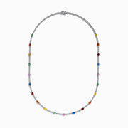 The Watercolors 14K White Gold Multi Sapphire and Diamond Tennis Necklace showcases alternating diamonds and vibrant sapphires in red, blue, green, yellow, orange, and pink along the chain for a lively, colorful look.