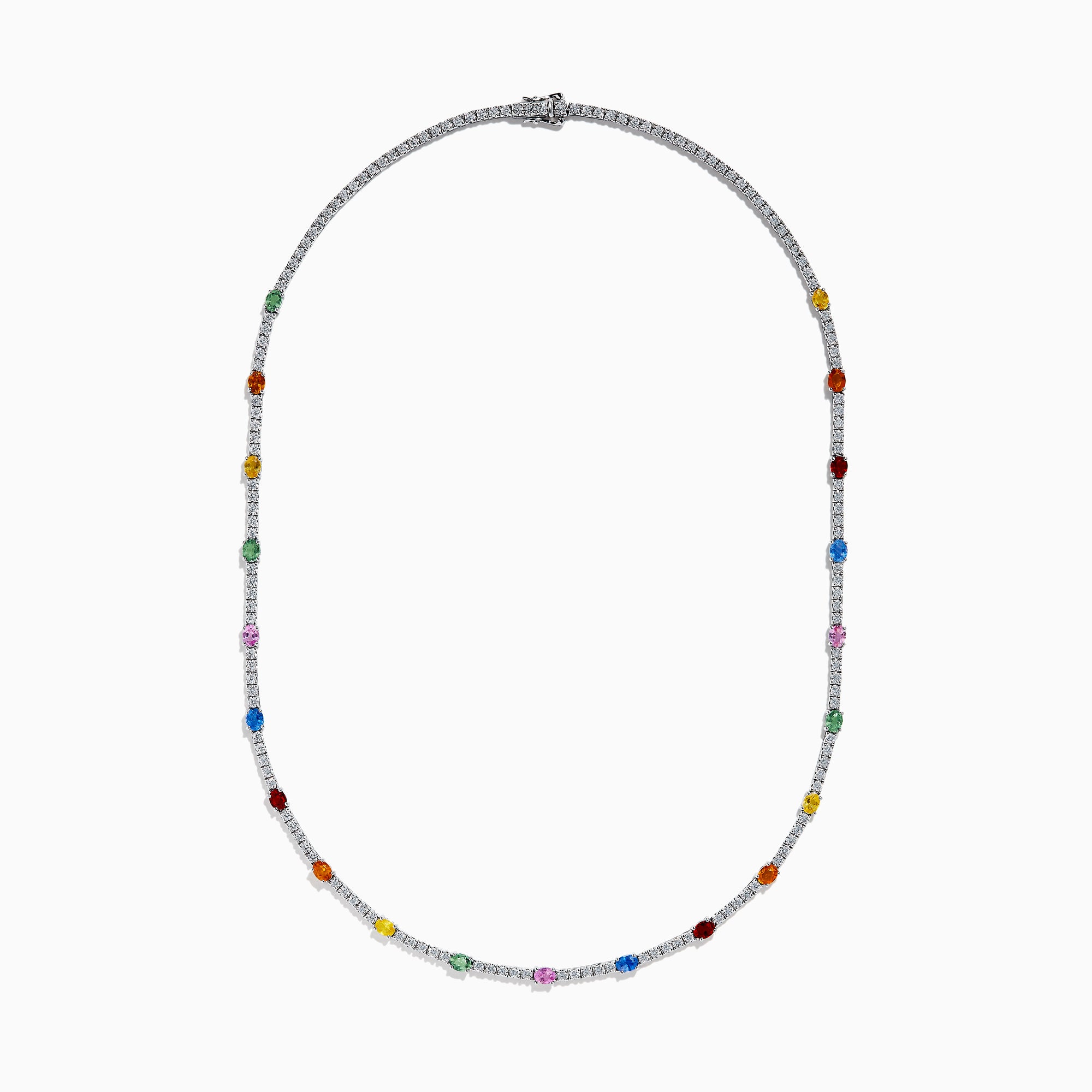 The Watercolors 14K White Gold Multi Sapphire and Diamond Tennis Necklace showcases alternating diamonds and vibrant sapphires in red, blue, green, yellow, orange, and pink along the chain for a lively, colorful look.
