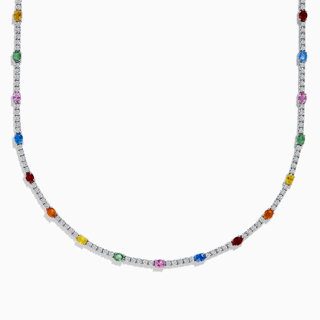 The Watercolors 14K White Gold Multi Sapphire and Diamond Tennis Necklace showcases alternating diamonds and vibrant sapphires in red, blue, green, yellow, orange, and pink along the chain for a lively, colorful look.