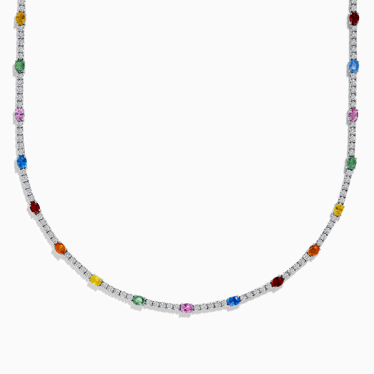 The Watercolors 14K White Gold Multi Sapphire and Diamond Tennis Necklace showcases alternating diamonds and vibrant sapphires in red, blue, green, yellow, orange, and pink along the chain for a lively, colorful look.