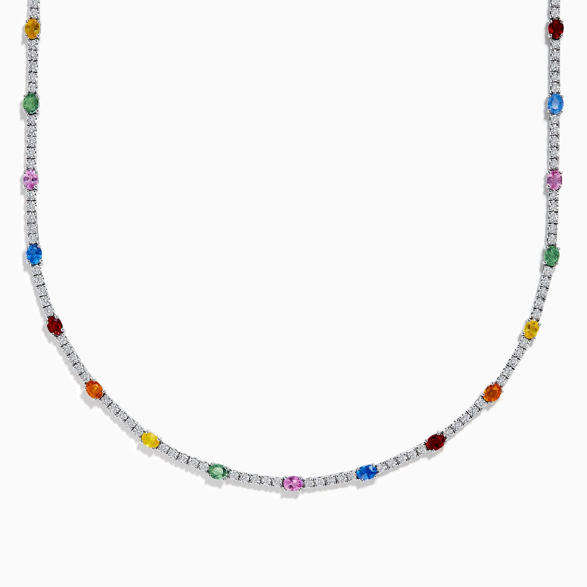 The Watercolors 14K White Gold Multi Sapphire and Diamond Tennis Necklace showcases alternating diamonds and vibrant sapphires in red, blue, green, yellow, orange, and pink along the chain for a lively, colorful look.