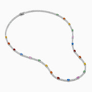 The Watercolors 14K White Gold Multi Sapphire and Diamond Tennis Necklace showcases alternating diamonds and vibrant sapphires in red, blue, green, yellow, orange, and pink along the chain for a lively, colorful look.