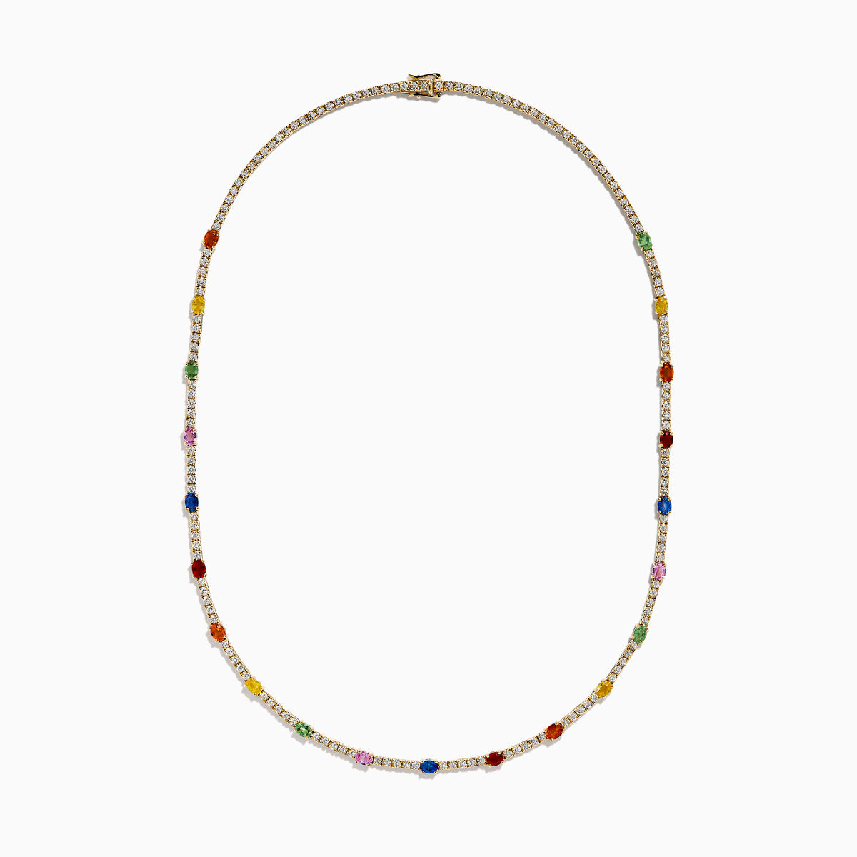 The Watercolors 14K Yellow Gold Multi Sapphire and Diamond Tennis Necklace features sparkling diamonds and vibrant sapphires—red, green, blue, pink, orange, and yellow—for a dazzling, colorful look.