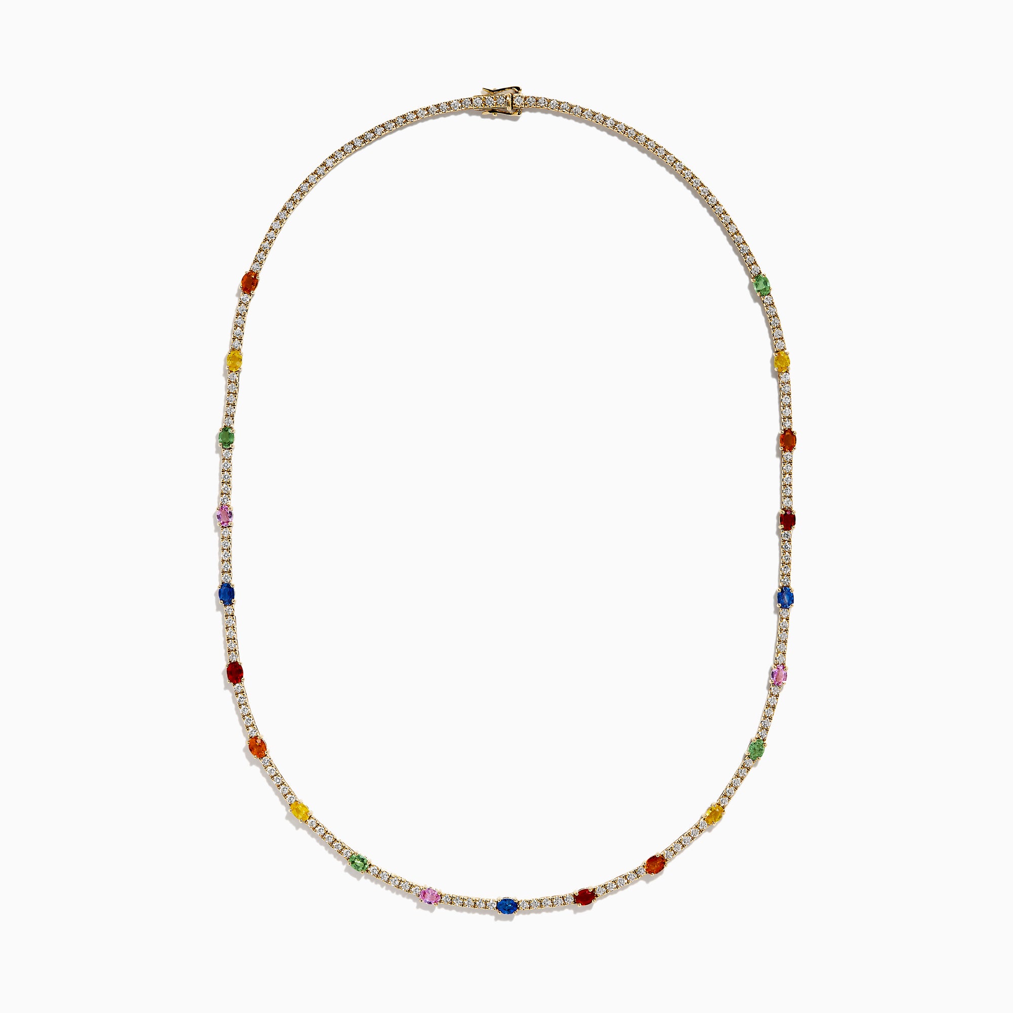 The Watercolors 14K Yellow Gold Multi Sapphire and Diamond Tennis Necklace features sparkling diamonds and vibrant sapphires—red, green, blue, pink, orange, and yellow—for a dazzling, colorful look.