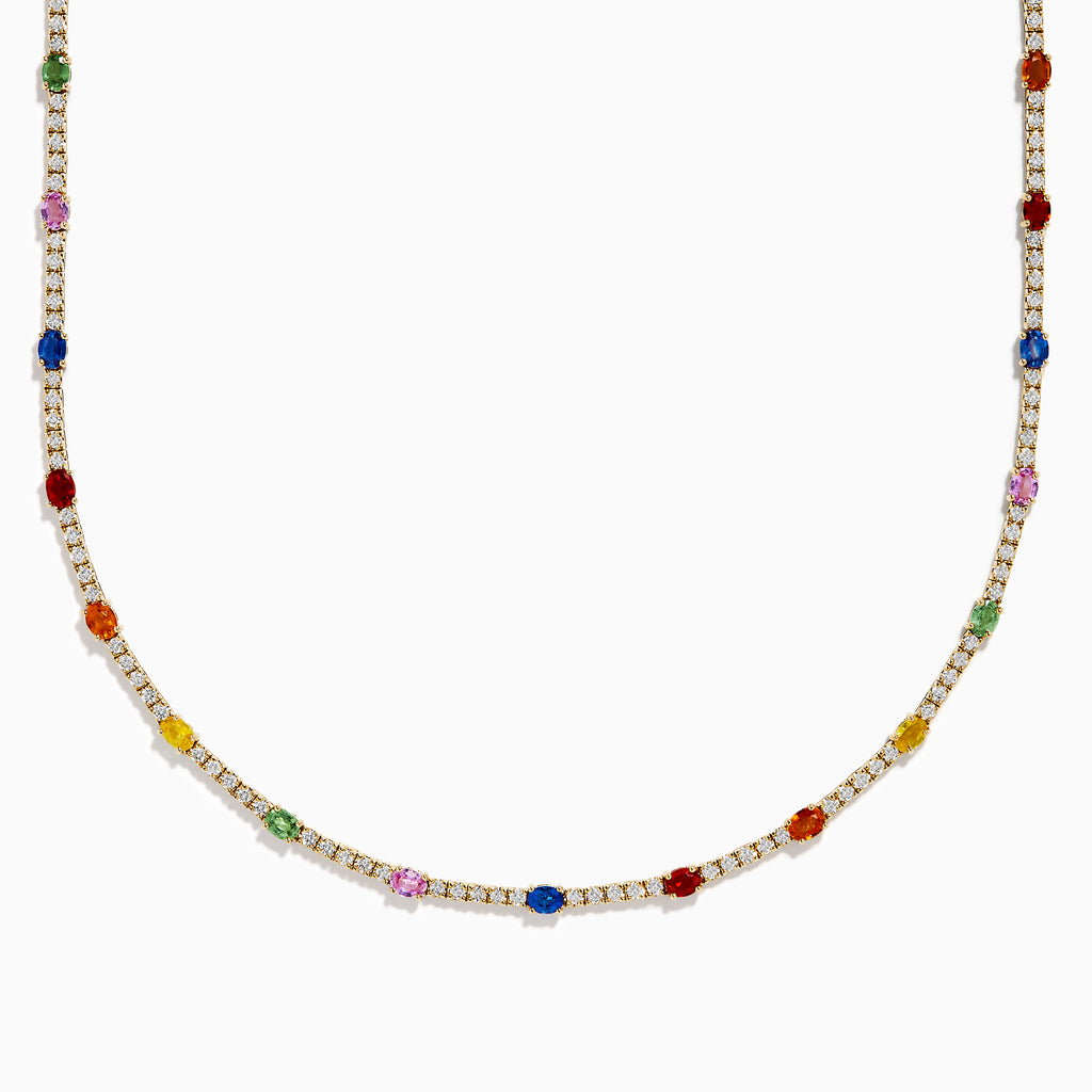 The Watercolors 14K Yellow Gold Multi Sapphire and Diamond Tennis Necklace features sparkling diamonds and vibrant sapphires—red, green, blue, pink, orange, and yellow—for a dazzling, colorful look.