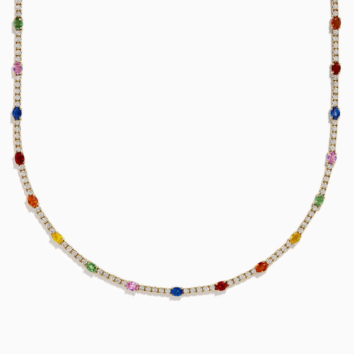 The Watercolors 14K Yellow Gold Multi Sapphire and Diamond Tennis Necklace features sparkling diamonds and vibrant sapphires—red, green, blue, pink, orange, and yellow—for a dazzling, colorful look.