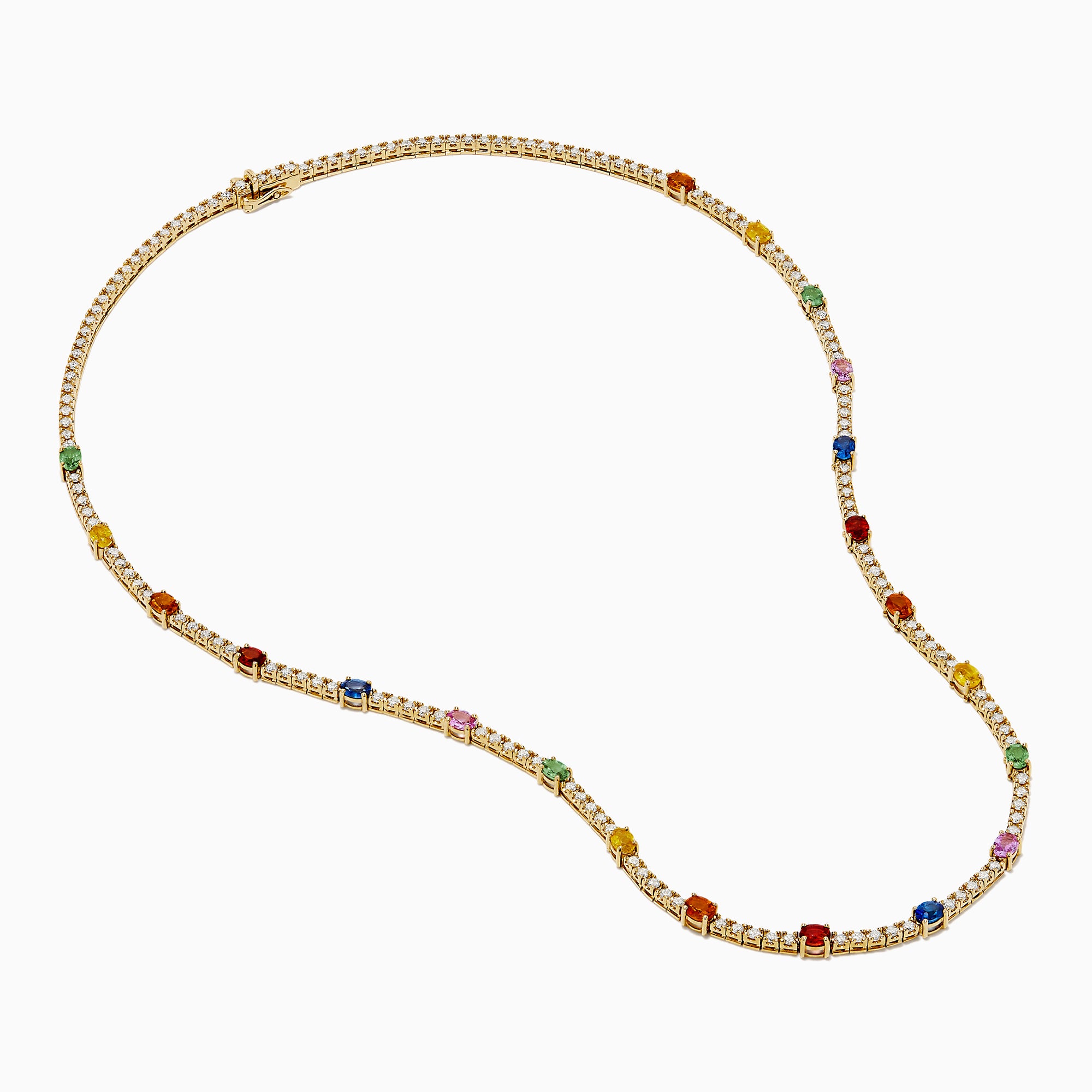 The Watercolors 14K Yellow Gold Multi Sapphire and Diamond Tennis Necklace features sparkling diamonds and vibrant sapphires—red, green, blue, pink, orange, and yellow—for a dazzling, colorful look.