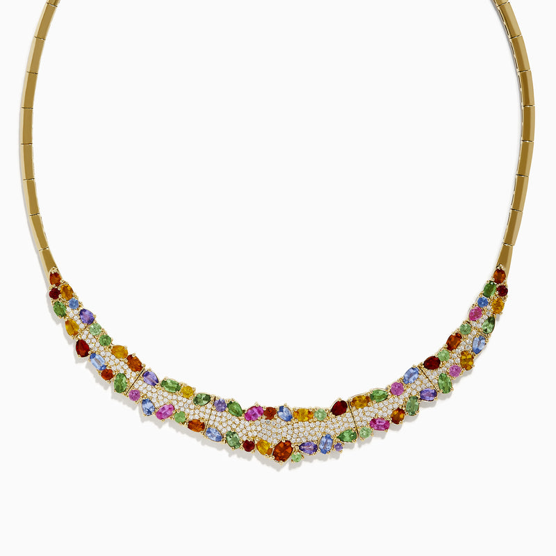 The Watercolors 14K Yellow Gold Multi Sapphire and Diamond Necklace features a geometric front design with vibrant green, blue, red, pink, and orange sapphires accented by diamonds.