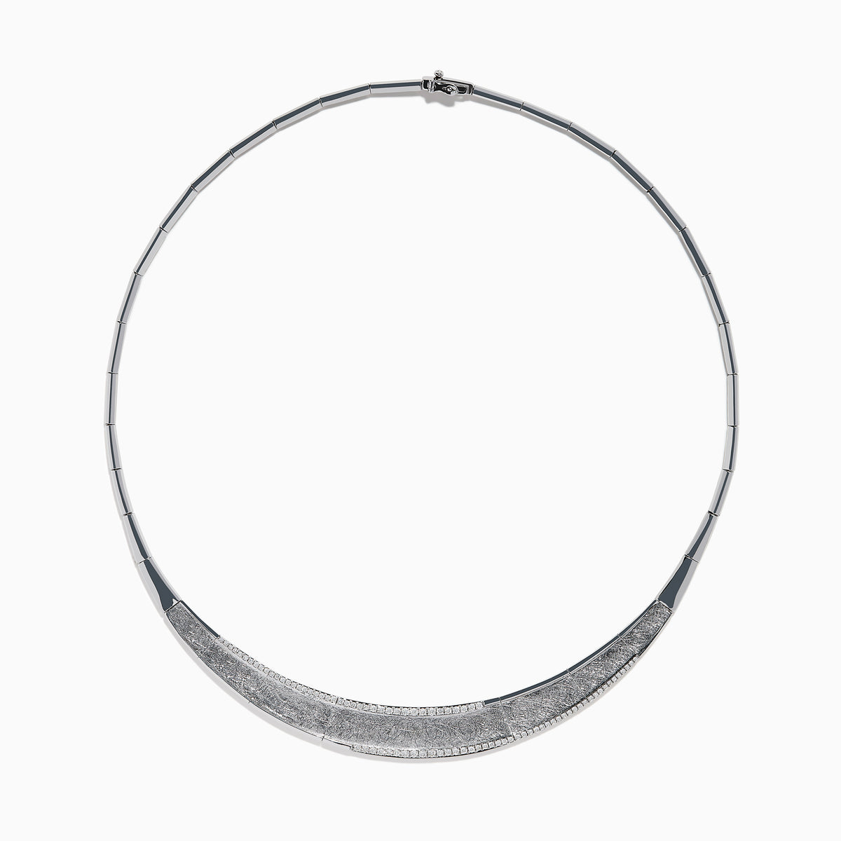 The 925 Sterling Silver Diamond Accented Necklace is a modern, elegant piece with a textured, curved front and sparkling stones on a sleek segmented band.