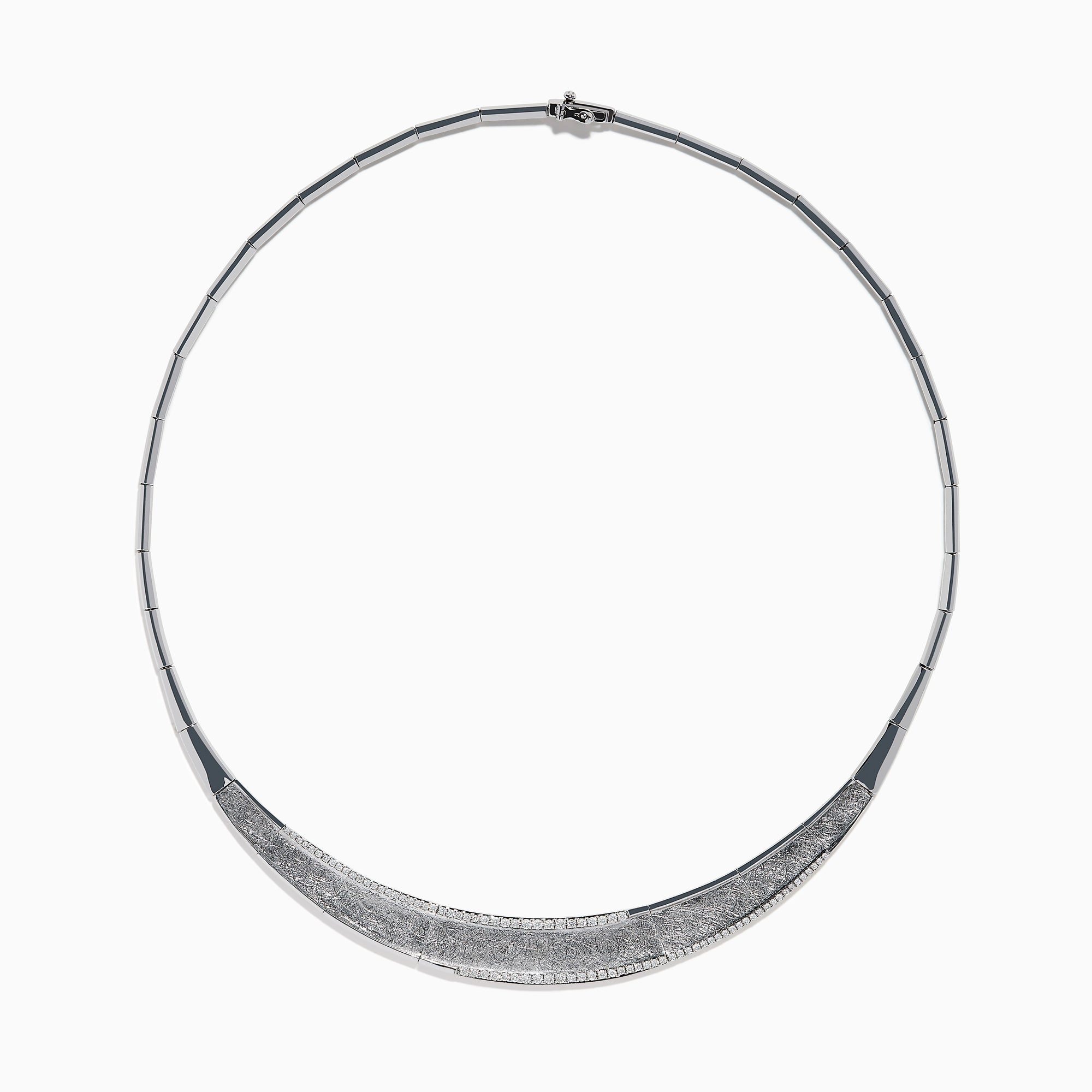 The 925 Sterling Silver Diamond Accented Necklace is a modern, elegant piece with a textured, curved front and sparkling stones on a sleek segmented band.