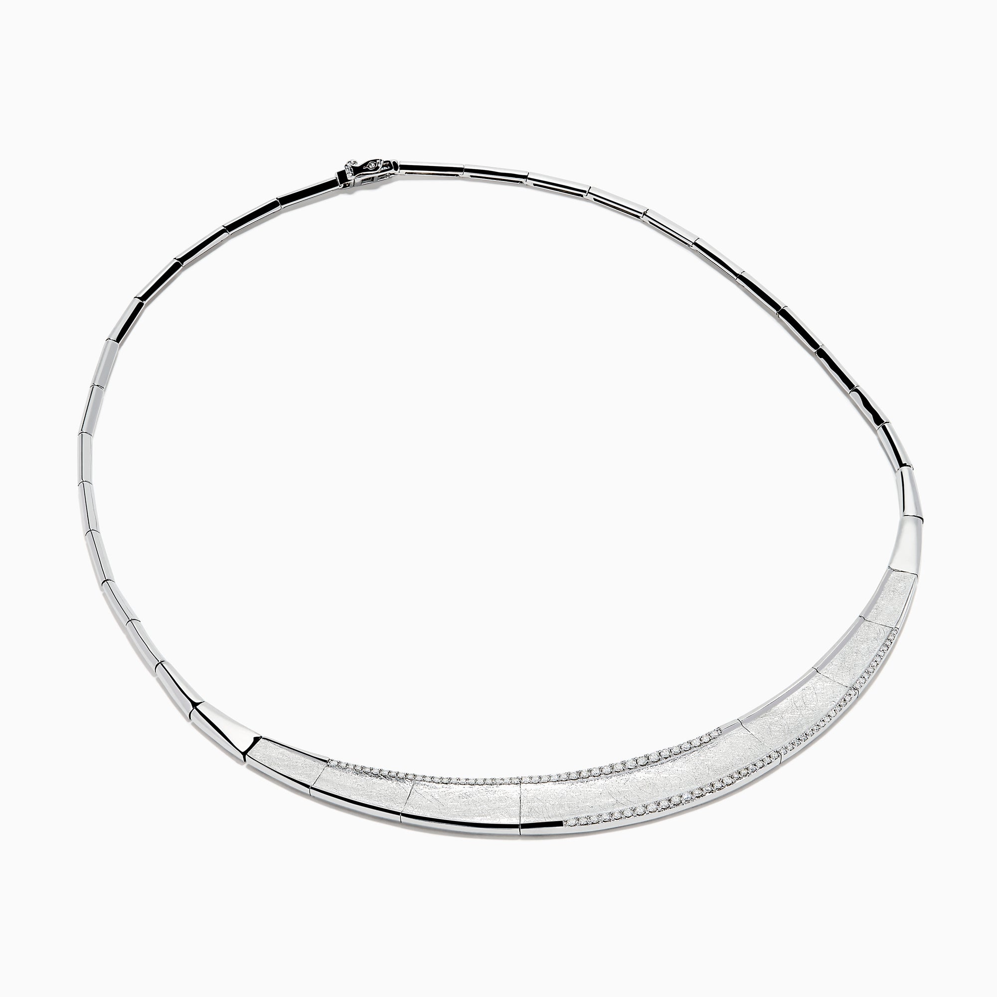 The 925 Sterling Silver Diamond Accented Necklace is a modern, elegant piece with a textured, curved front and sparkling stones on a sleek segmented band.