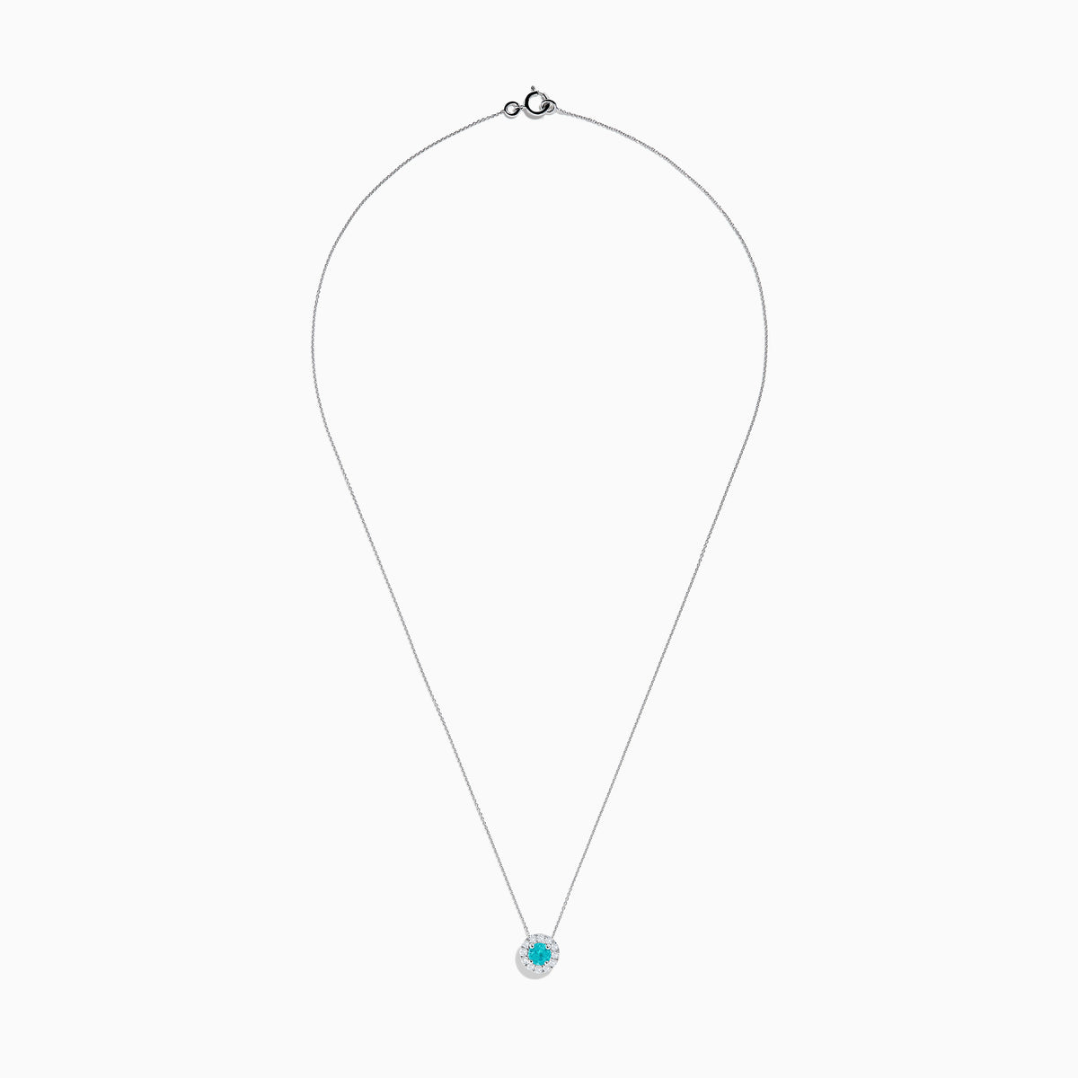 The 18K White Gold Paraiba and Diamond Pendant features a round Paraiba gemstone framed by a halo of white diamonds, elegantly suspended from a fine chain on a white background.