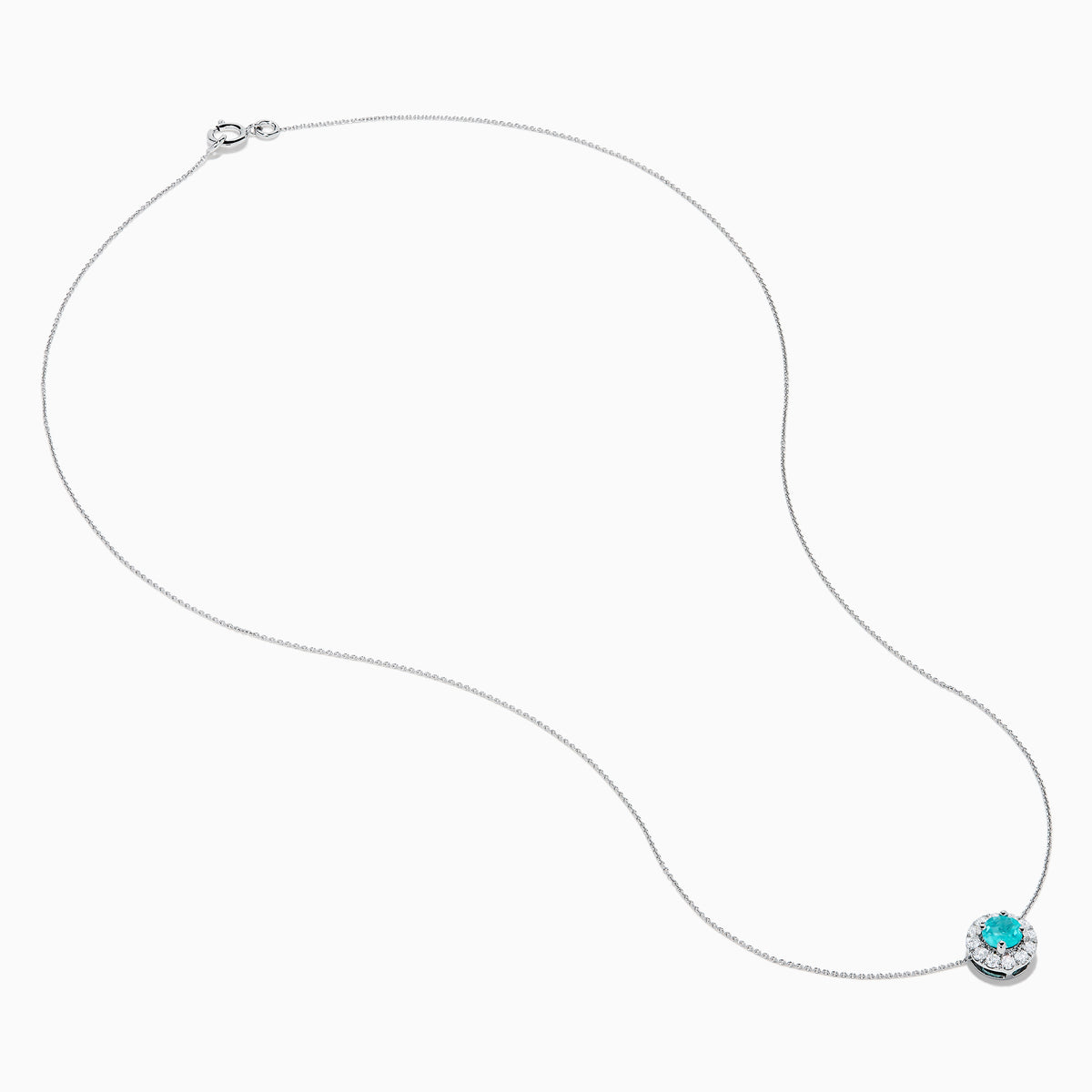 The 18K White Gold Paraiba and Diamond Pendant features a round Paraiba gemstone framed by a halo of white diamonds, elegantly suspended from a fine chain on a white background.