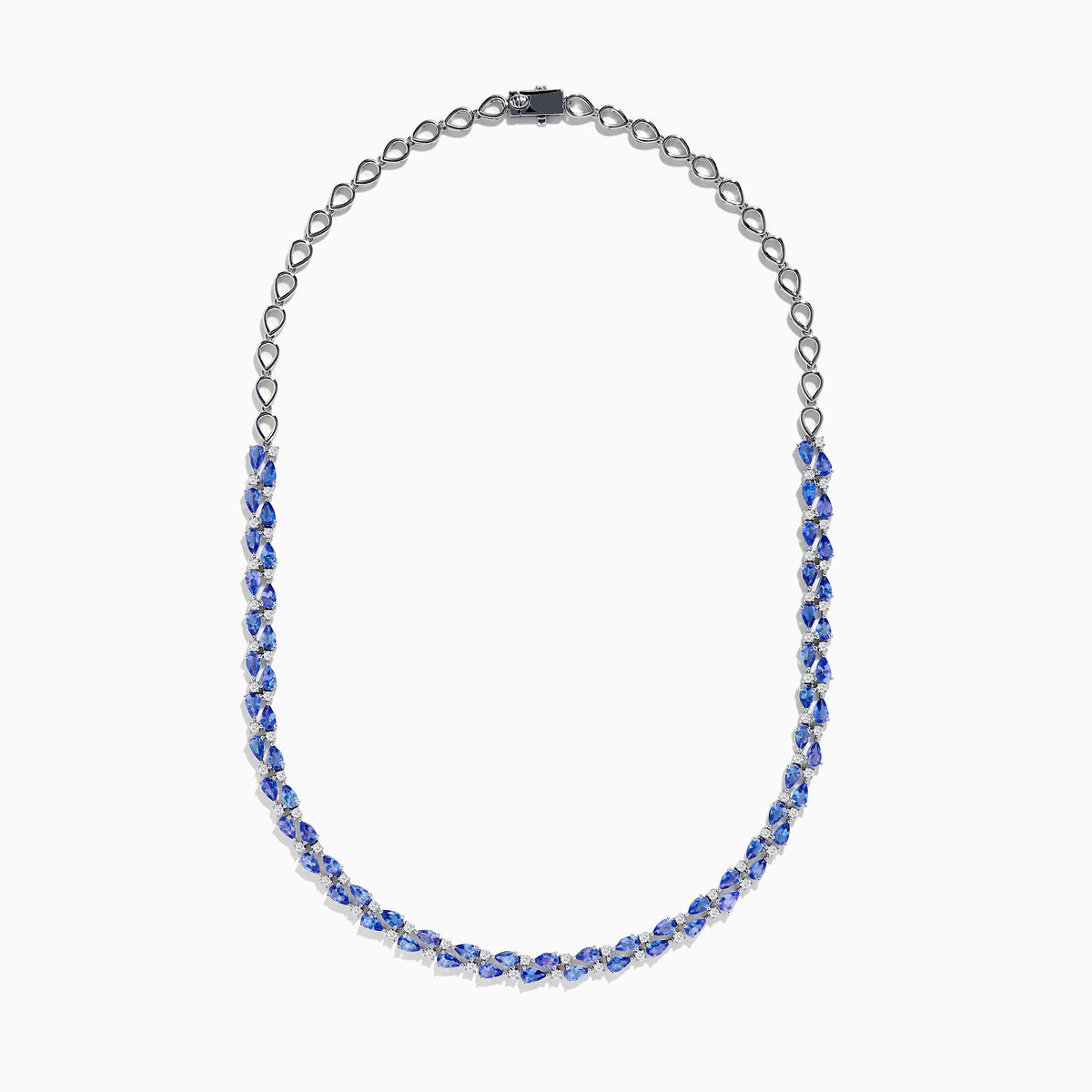 A close-up of the Nahla 14K White Gold Tanzanite and Diamond Necklace, showcasing pear-shaped blue tanzanites and sparkling diamonds set in a symmetrical design against a white background.
