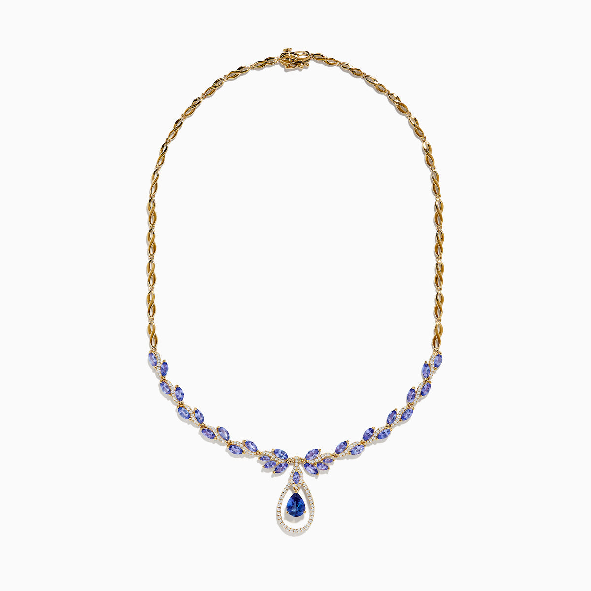 The Nahla Siri 14K Yellow Gold Tanzanite and Diamond Necklace features marquise-cut blue tanzanite gemstones and small diamonds, with a teardrop-shaped tanzanite pendant encircled by a sparkling diamond halo.