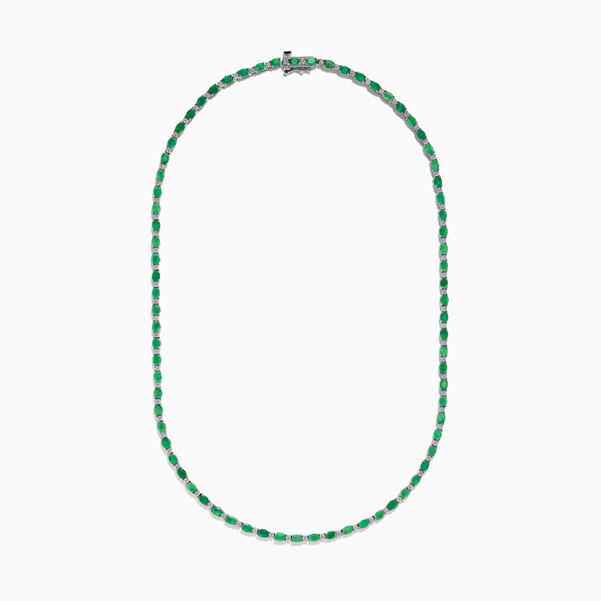 The 925 Sterling Silver Emerald and Diamond Tennis Necklace showcases a sleek row of oval green emeralds and sparkling diamonds set in sterling silver, beautifully arranged against a crisp white background.