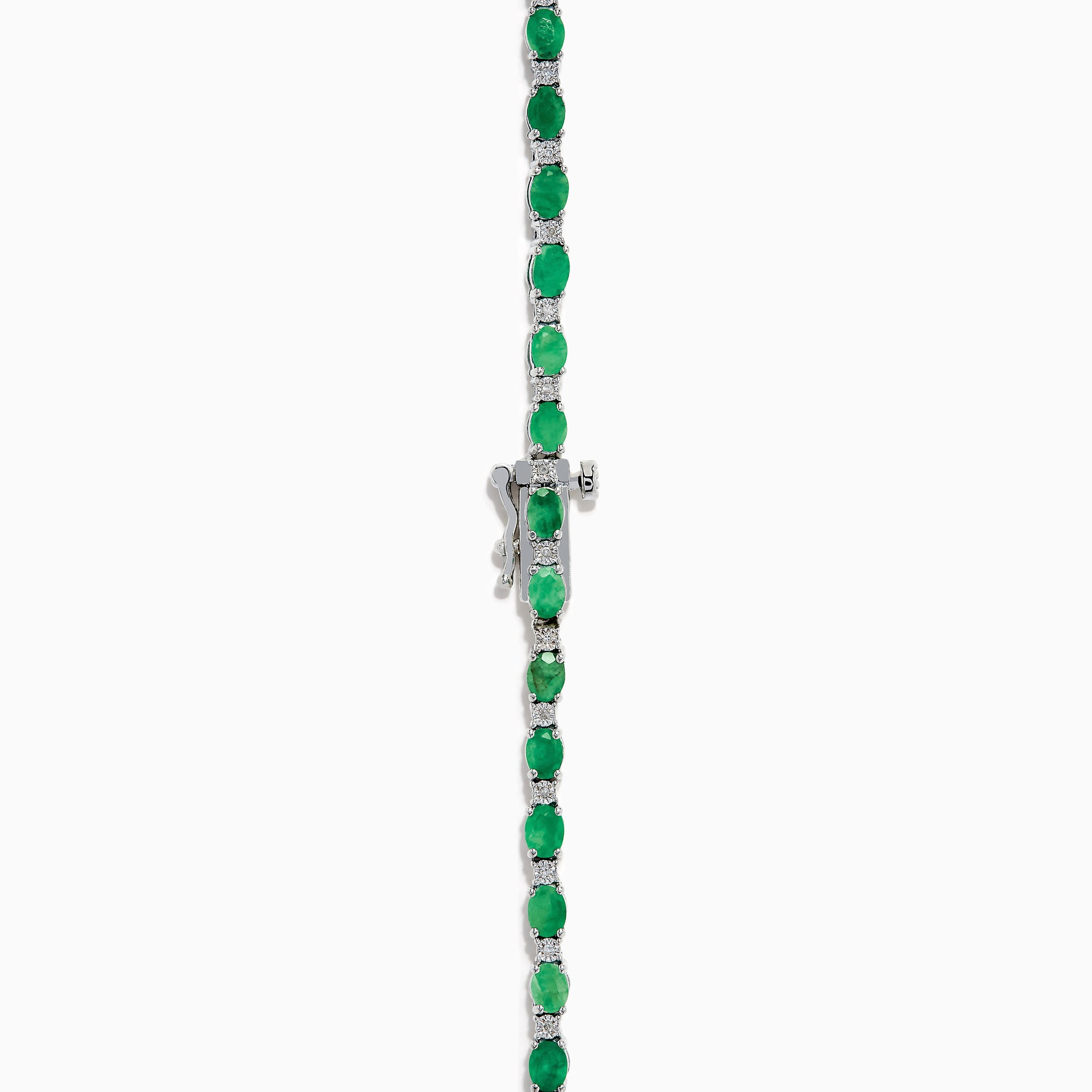 The 925 Sterling Silver Emerald and Diamond Tennis Necklace showcases a sleek row of oval green emeralds and sparkling diamonds set in sterling silver, beautifully arranged against a crisp white background.