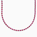 The 925 Sterling Silver Ruby and Diamond Tennis Necklace showcases a continuous row of oval red gemstones in silver prong settings, elegantly displayed against a white background.