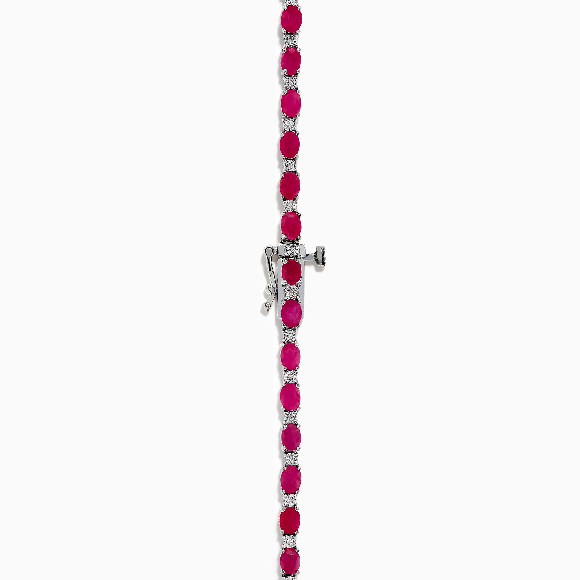 The 925 Sterling Silver Ruby and Diamond Tennis Necklace showcases a continuous row of oval red gemstones in silver prong settings, elegantly displayed against a white background.
