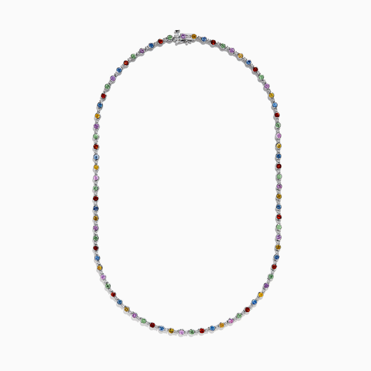 The 925 Sterling Silver Diamond and Multi Sapphire Tennis Necklace features evenly spaced blue, green, red, yellow, and purple gemstones along the chain, creating a vibrant sapphire-inspired design.