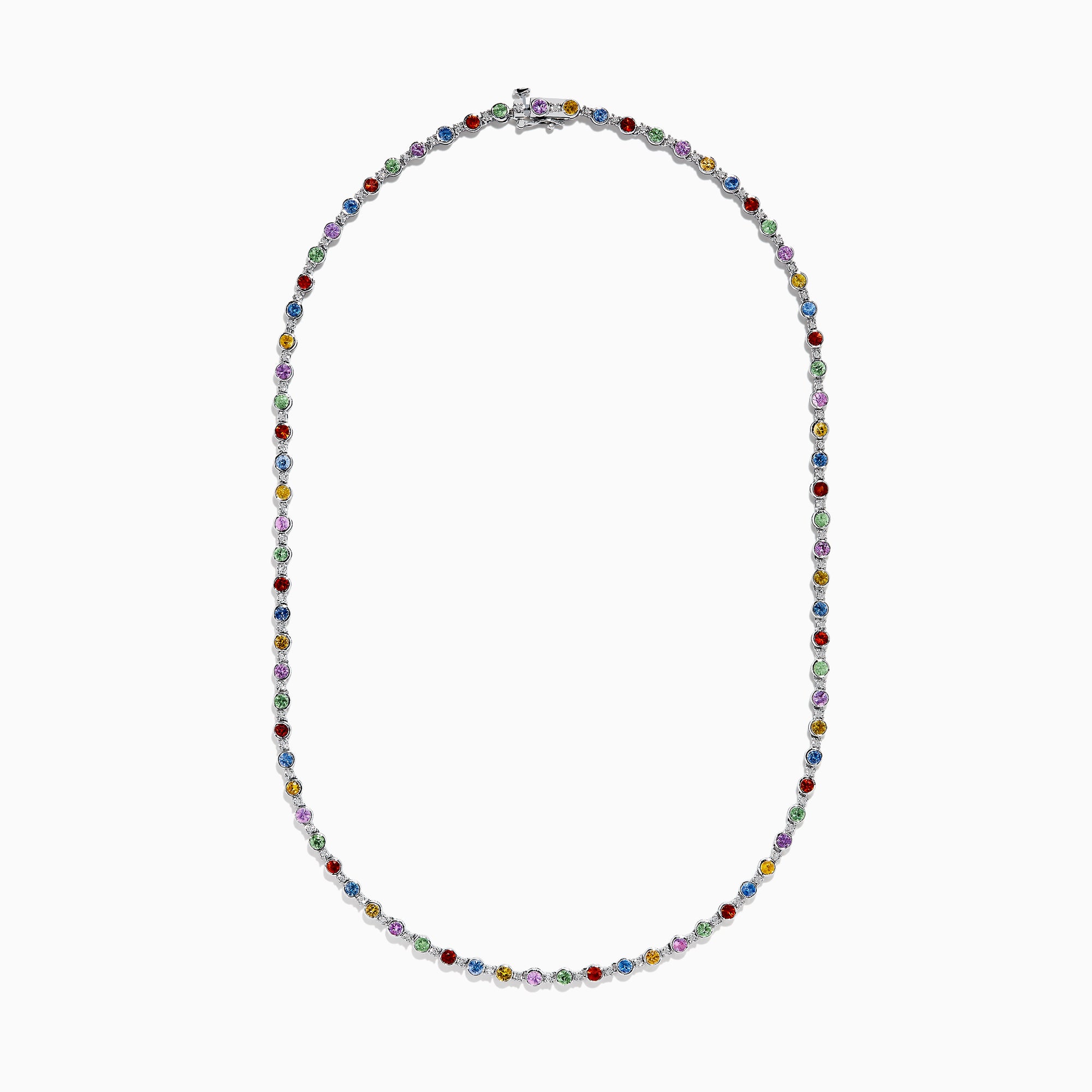 The 925 Sterling Silver Diamond and Multi Sapphire Tennis Necklace features evenly spaced blue, green, red, yellow, and purple gemstones along the chain, creating a vibrant sapphire-inspired design.