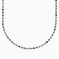 The 925 Sterling Silver Diamond and Multi Sapphire Tennis Necklace features evenly spaced blue, green, red, yellow, and purple gemstones along the chain, creating a vibrant sapphire-inspired design.