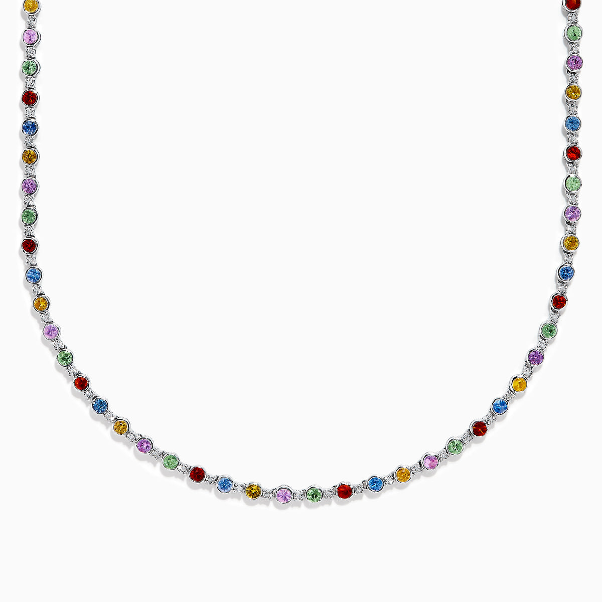 The 925 Sterling Silver Diamond and Multi Sapphire Tennis Necklace features evenly spaced blue, green, red, yellow, and purple gemstones along the chain, creating a vibrant sapphire-inspired design.