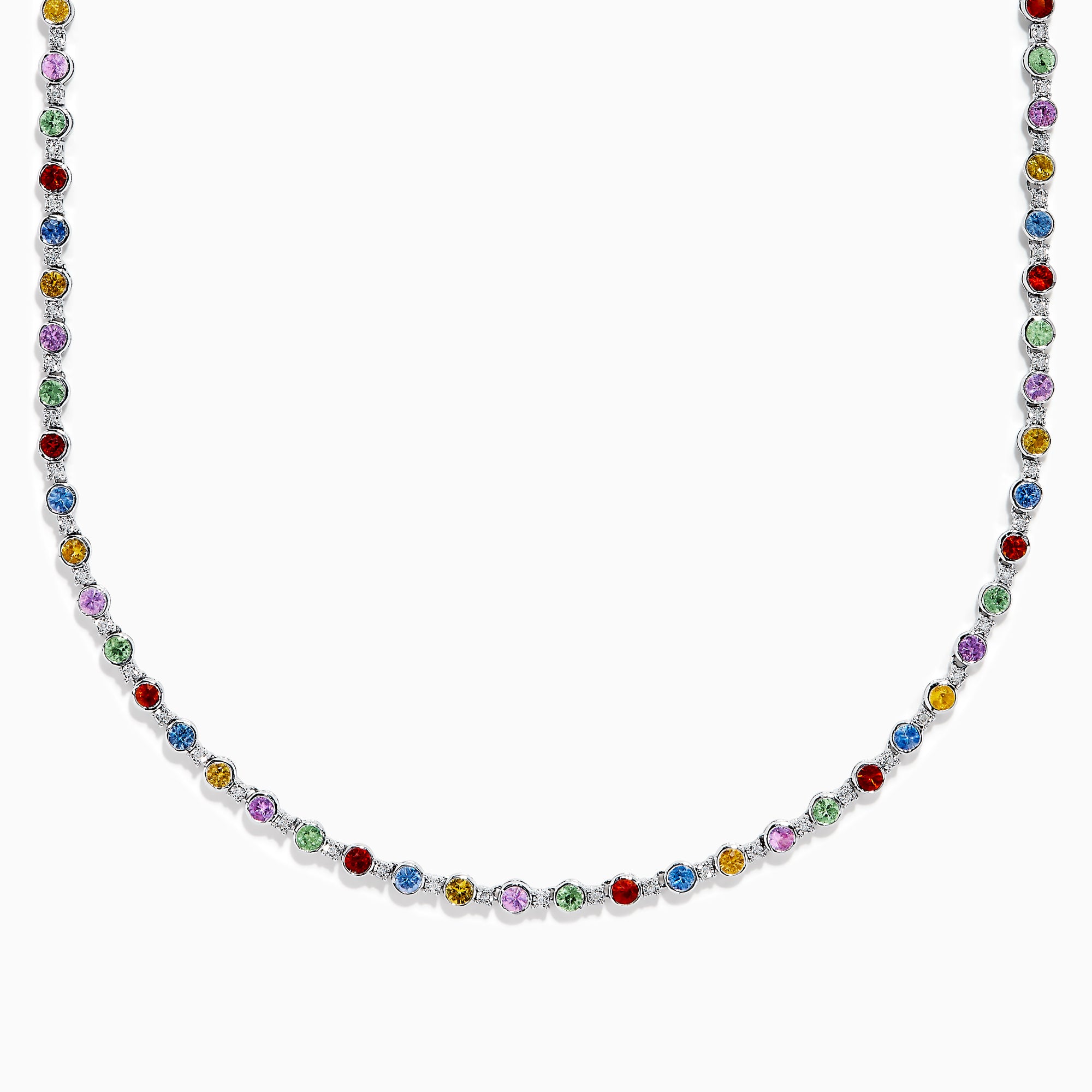 The 925 Sterling Silver Diamond and Multi Sapphire Tennis Necklace features evenly spaced blue, green, red, yellow, and purple gemstones along the chain, creating a vibrant sapphire-inspired design.