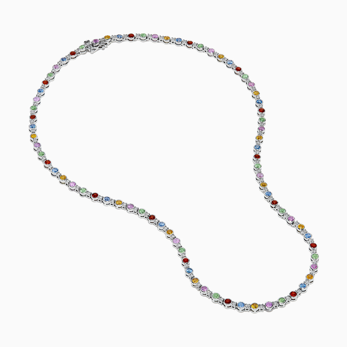 The 925 Sterling Silver Diamond and Multi Sapphire Tennis Necklace features evenly spaced blue, green, red, yellow, and purple gemstones along the chain, creating a vibrant sapphire-inspired design.
