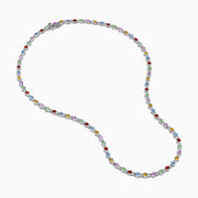 The 925 Sterling Silver Diamond and Multi Sapphire Tennis Necklace features evenly spaced blue, green, red, yellow, and purple gemstones along the chain, creating a vibrant sapphire-inspired design.