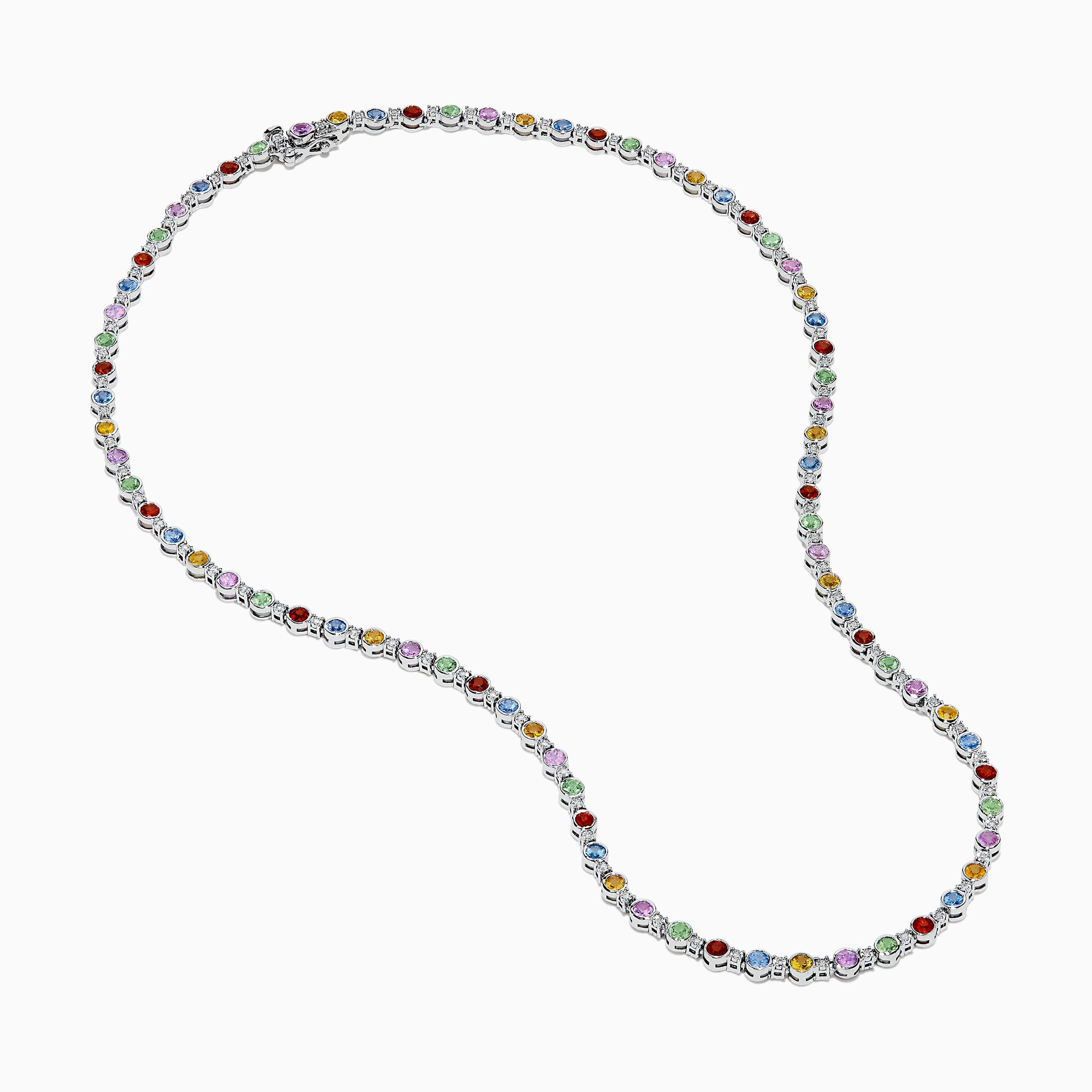 The 925 Sterling Silver Diamond and Multi Sapphire Tennis Necklace features evenly spaced blue, green, red, yellow, and purple gemstones along the chain, creating a vibrant sapphire-inspired design.