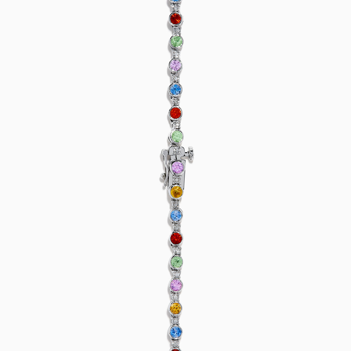 The 925 Sterling Silver Diamond and Multi Sapphire Tennis Necklace features evenly spaced blue, green, red, yellow, and purple gemstones along the chain, creating a vibrant sapphire-inspired design.