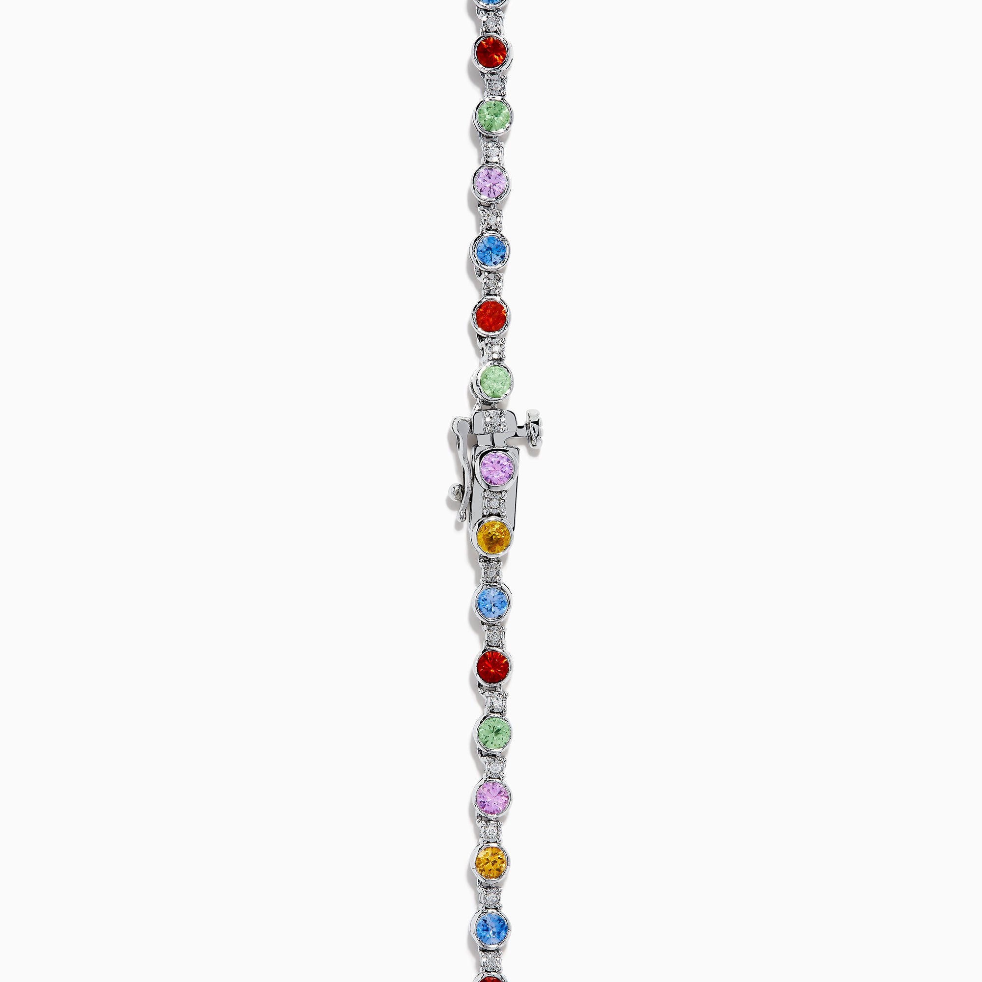The 925 Sterling Silver Diamond and Multi Sapphire Tennis Necklace features evenly spaced blue, green, red, yellow, and purple gemstones along the chain, creating a vibrant sapphire-inspired design.