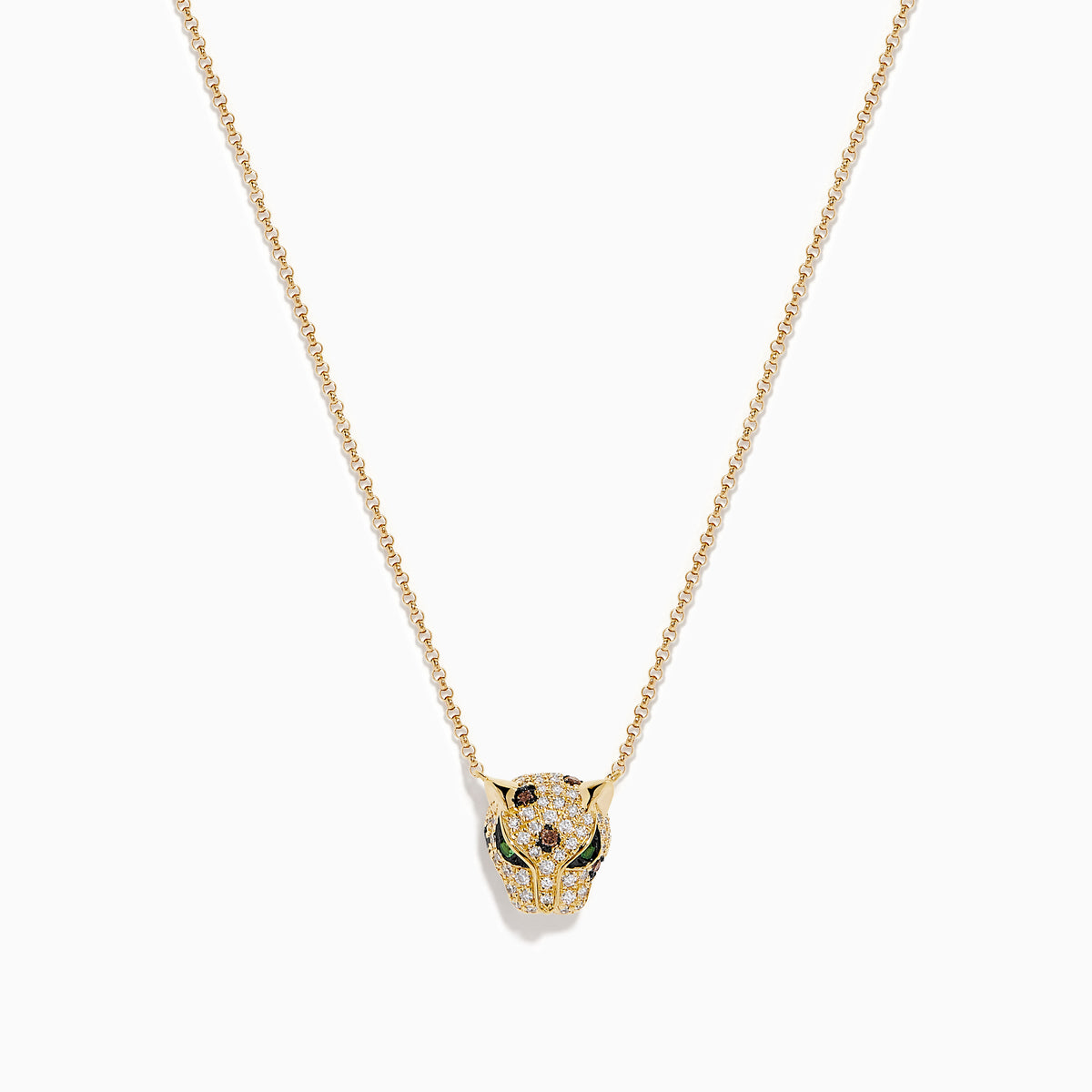 The Signature 14K Yellow Gold Diamond Panther Pendant features an animal head design adorned with sparkling diamonds and green gemstone accents, displayed centered on a plain white background.