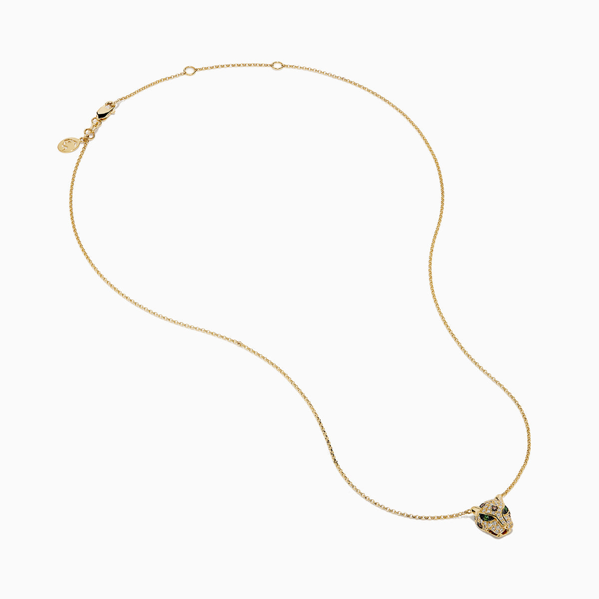 The Signature 14K Yellow Gold Diamond Panther Pendant features an animal head design adorned with sparkling diamonds and green gemstone accents, displayed centered on a plain white background.