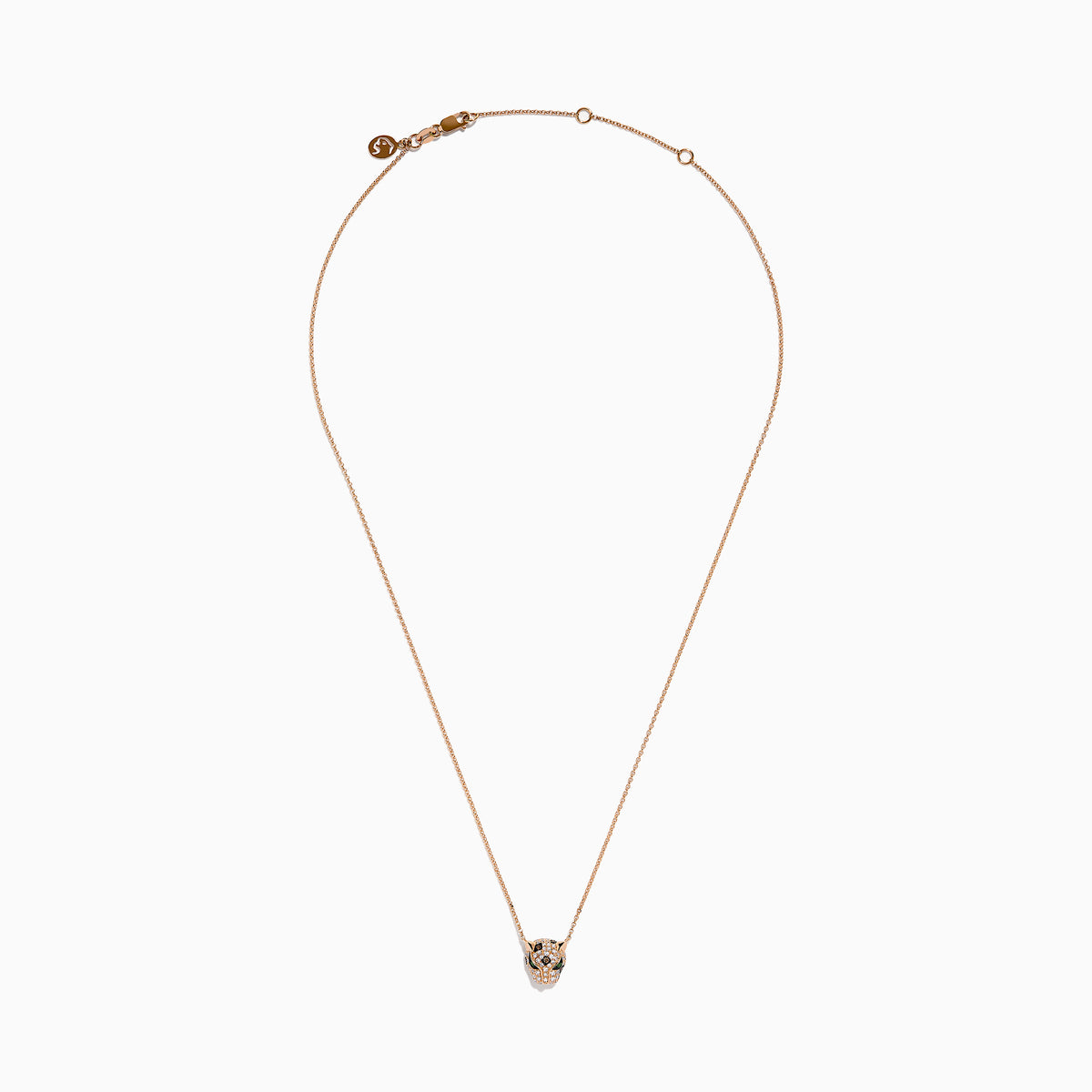 The Signature 14K Rose Gold Diamond Panther Pendant features a delicate chain and a detailed panther pendant with diamond accents and green gemstone eyes, shown against a white background.
