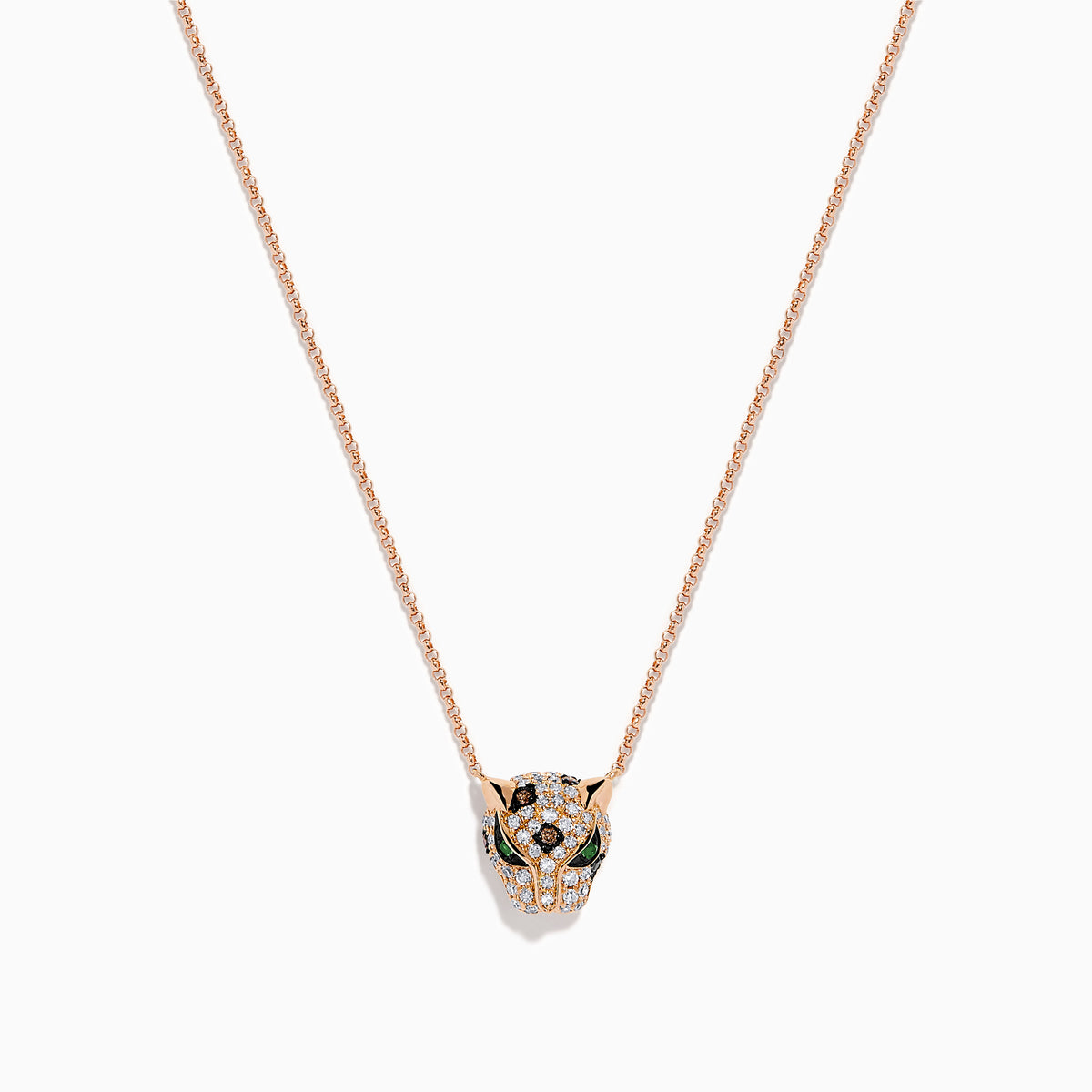 The Signature 14K Rose Gold Diamond Panther Pendant features a delicate chain and a detailed panther pendant with diamond accents and green gemstone eyes, shown against a white background.