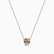 The Signature 14K Rose Gold Diamond Panther Pendant features a delicate chain and a detailed panther pendant with diamond accents and green gemstone eyes, shown against a white background.