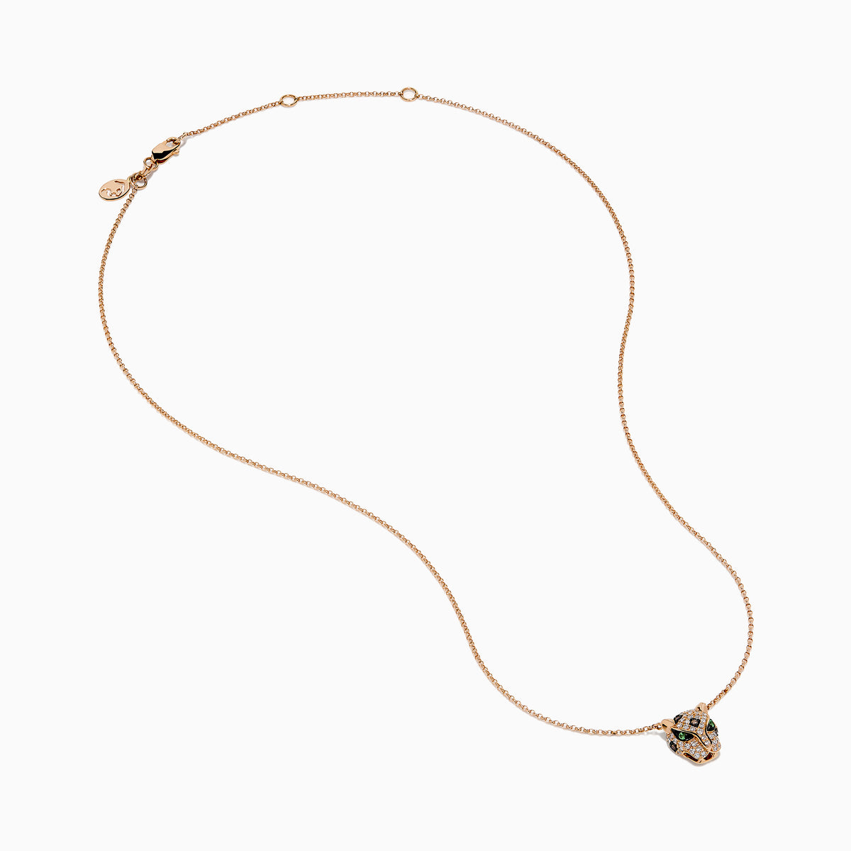 The Signature 14K Rose Gold Diamond Panther Pendant features a delicate chain and a detailed panther pendant with diamond accents and green gemstone eyes, shown against a white background.