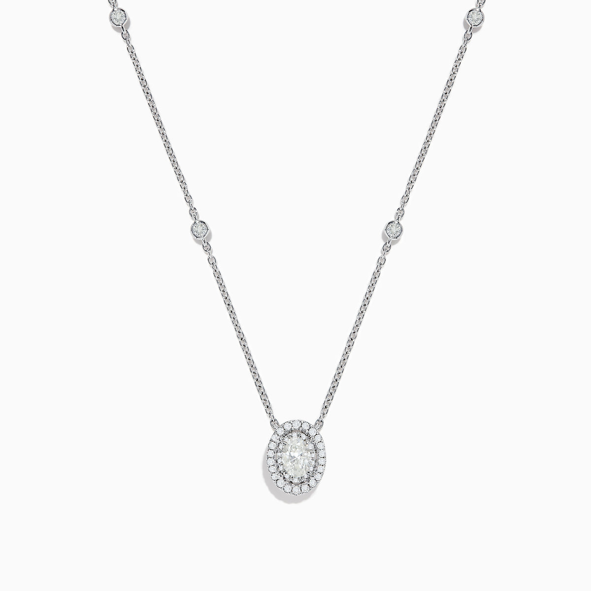 The Pave Classica 14K White Gold Diamond Oval Necklace features an oval pendant encrusted with diamonds and extra sparkling stones spaced along the chain, creating a delicate and elegant look.
