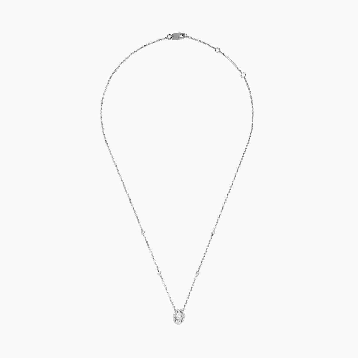 The Pave Classica 14K White Gold Diamond Oval Necklace features an oval pendant encrusted with diamonds and extra sparkling stones spaced along the chain, creating a delicate and elegant look.