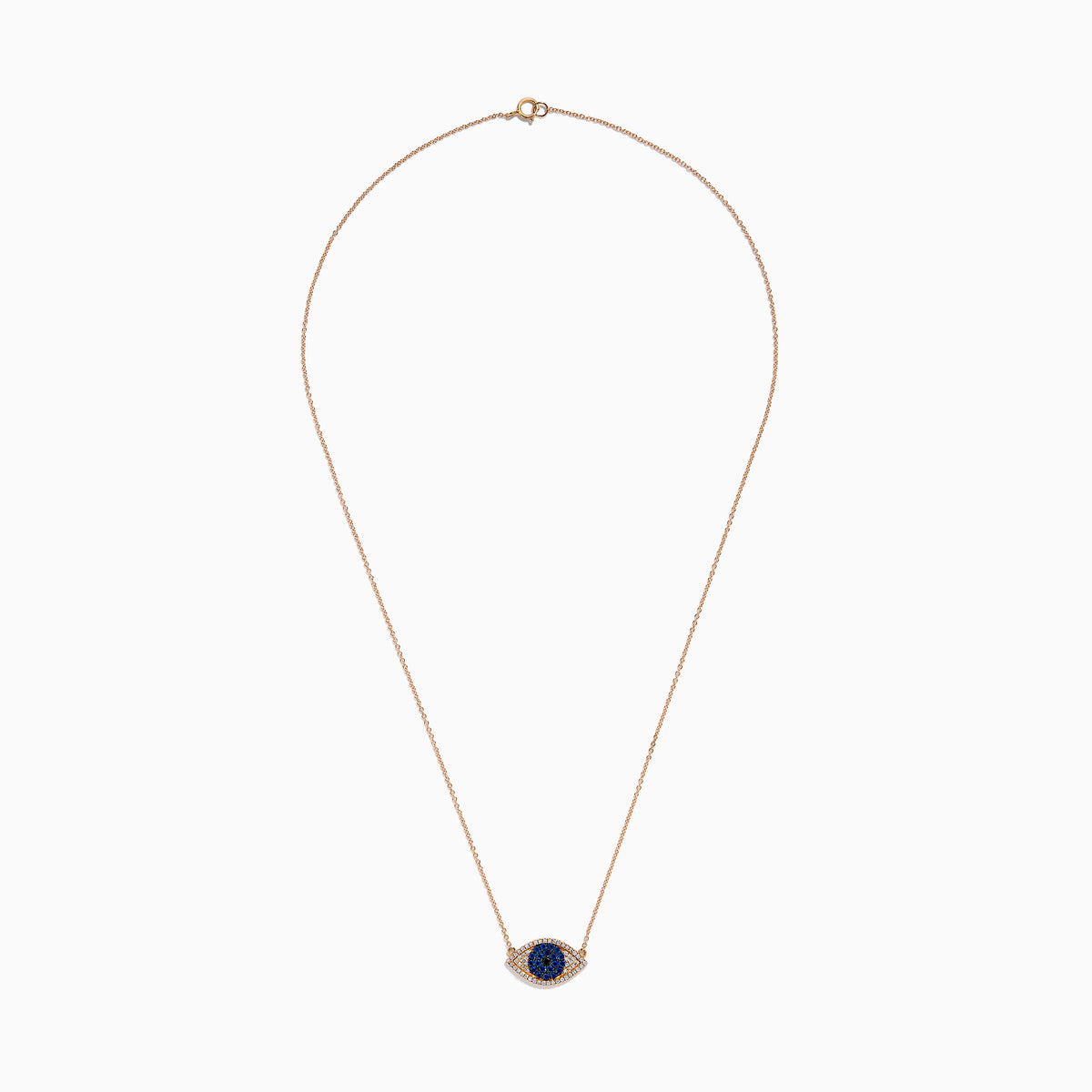 The Novelty 14K Rose Gold Blue Sapphire and Diamond Evil Eye Necklace features a blue sapphire center with sparkling diamonds, elegantly blending protection and style.